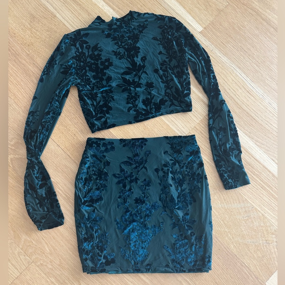 Fashion Nova Dark Green Velvet Skirt Set